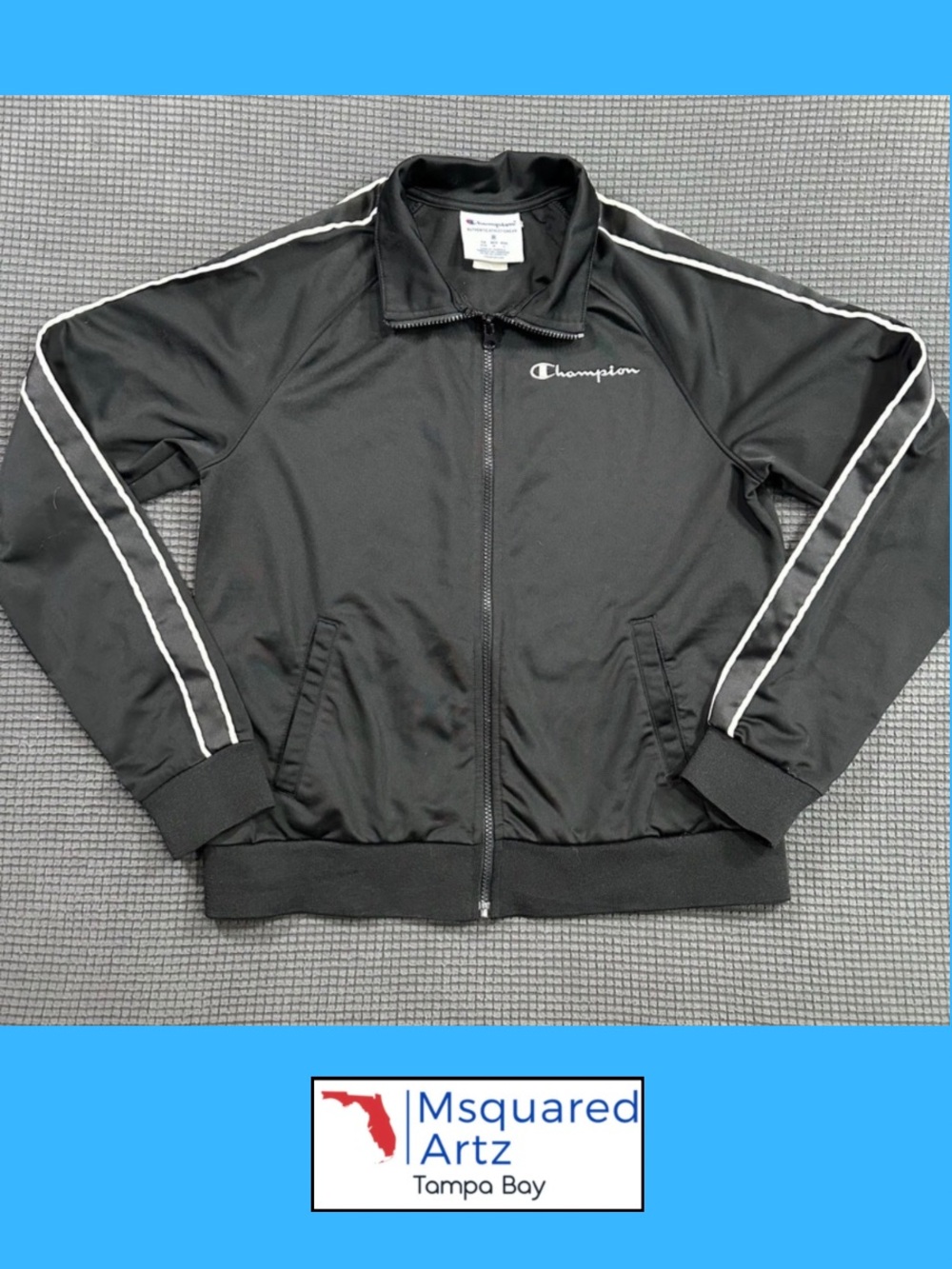 Champion Men’s Medium Black Full Zip Track Jacket White Stripe Athletic Zip Up